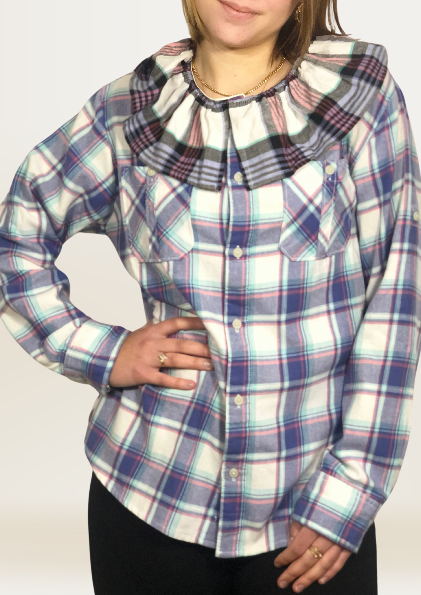 Blouse Folk Tartan Bleu/Rose