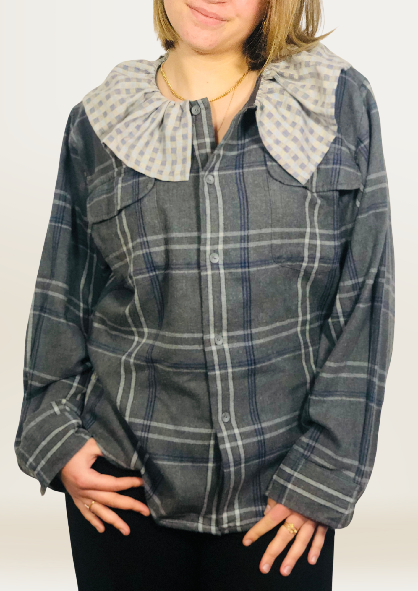 Blouse Folk Tartan Gris/Bleu