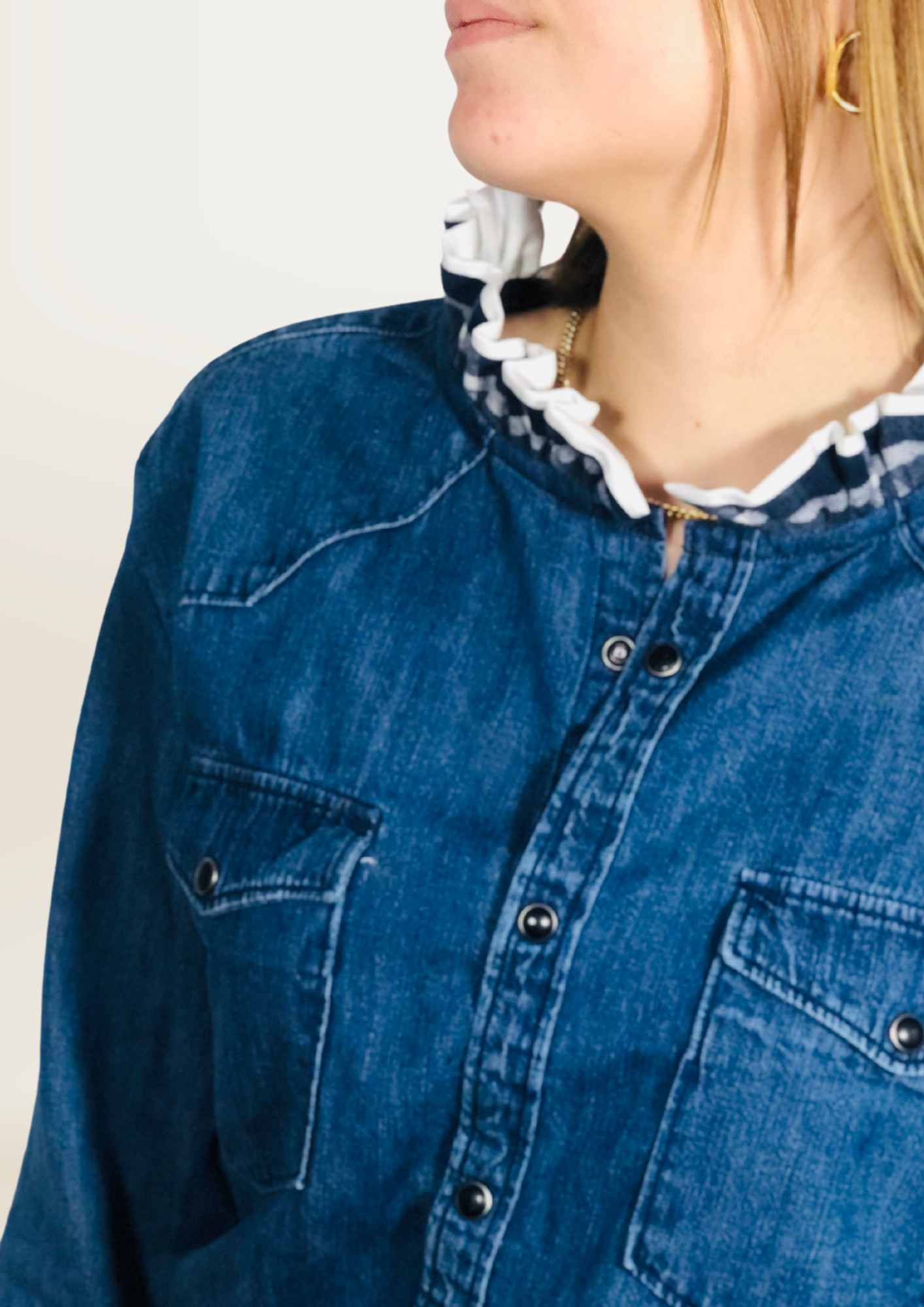 Blouse Folk Jean Carreaux Bleu